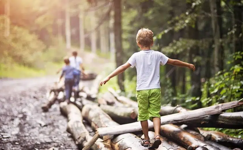 Niño caminando en equilibrio sobre troncos en un bosque soleado
