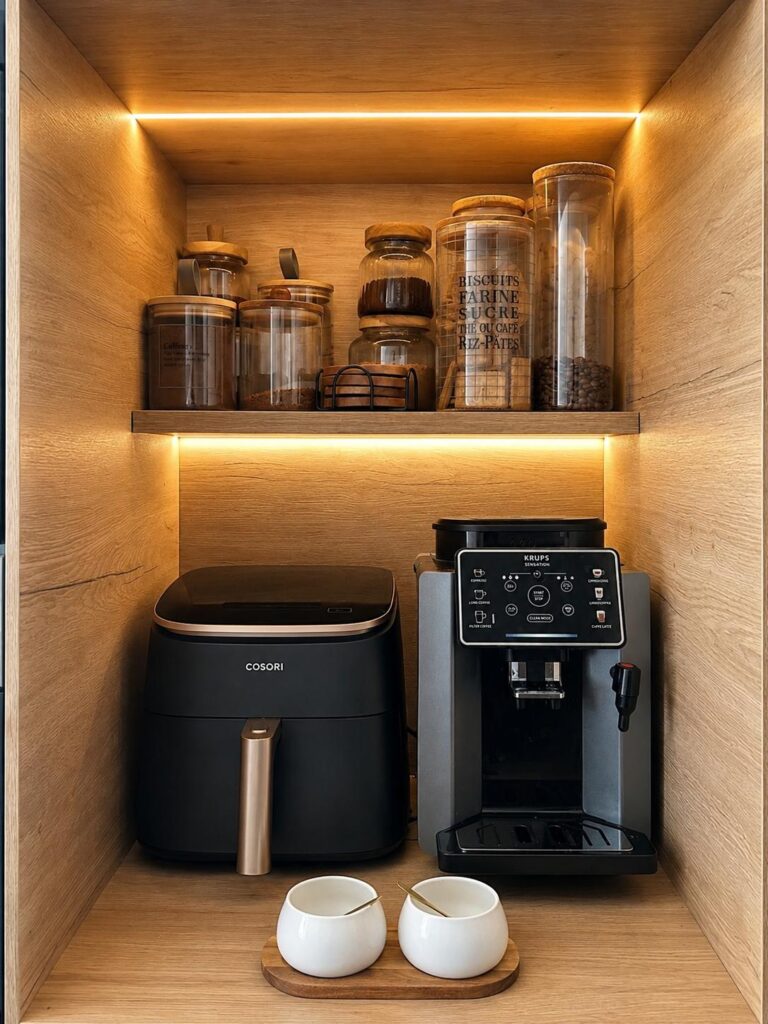 Rincón de café con estantes de madera iluminados