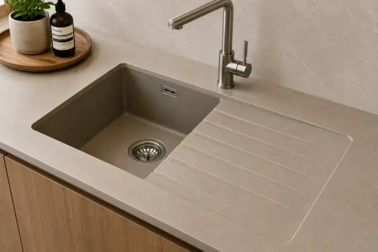 Fregadero beige con escurridor integrado en la encimera