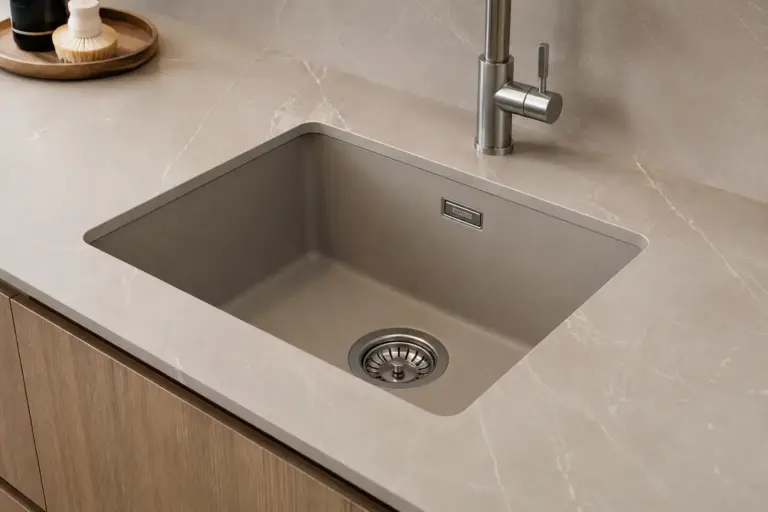 Fregadero bajo encimera beige con grifo cromado