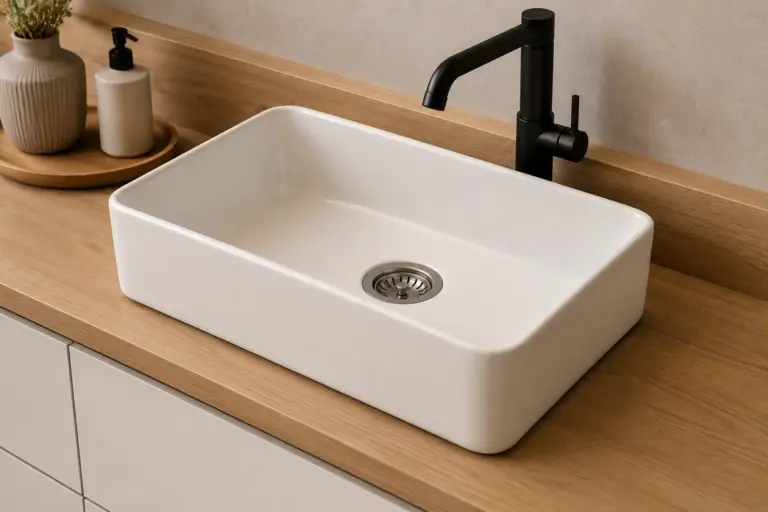 Fregadero blanco sobre una encimera de madera con grifo negro